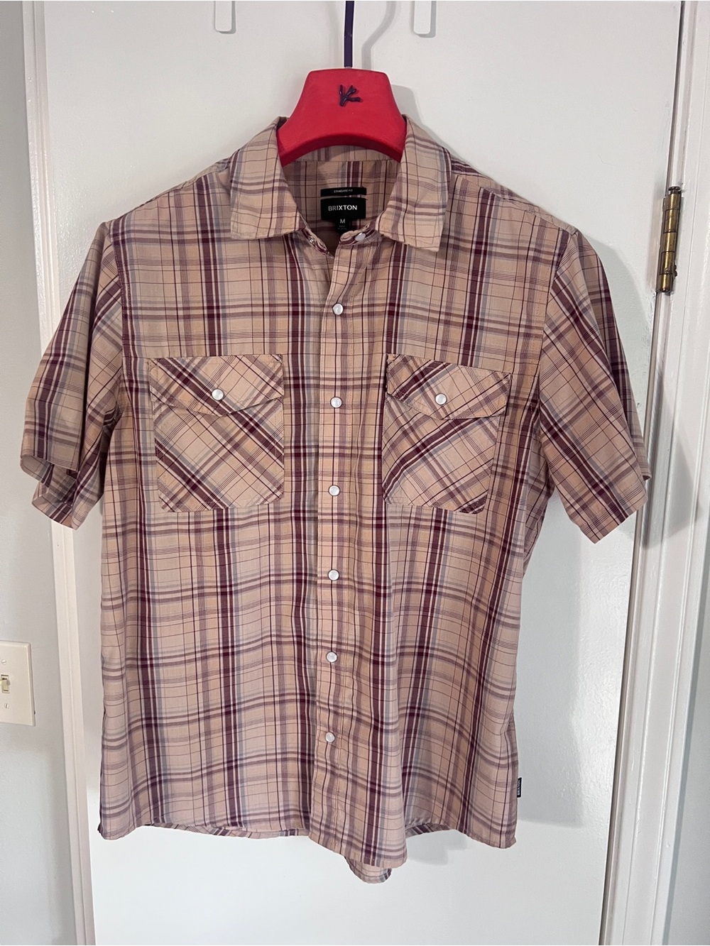 Brixton Short Sleeve Plaid Button-Down Shirt in Beige and Burgundy